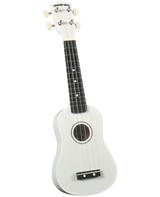 The image shows a white soprano ukulele with a cream-colored body and headstock, a dark wooden fretboard with white markers, and four white tuning pegs. The brand "DIAMOND HEAD" is visible on the headstock. It features a circular sound hole, dark wooden bridge, and four thin strings. The ukulele has a clean, modern look while retaining its classic shape, suitable for beginners or casual players.