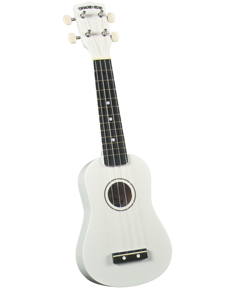 The image shows a white soprano ukulele with a cream-colored body and headstock, a dark wooden fretboard with white markers, and four white tuning pegs. The brand "DIAMOND HEAD" is visible on the headstock. It features a circular sound hole, dark wooden bridge, and four thin strings. The ukulele has a clean, modern look while retaining its classic shape, suitable for beginners or casual players.