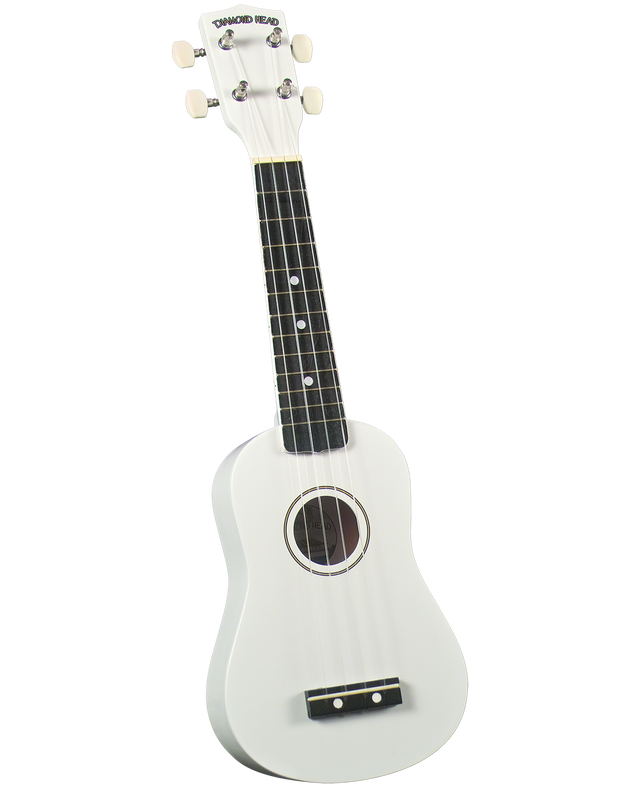 The image shows a white soprano ukulele with a cream-colored body and headstock, a dark wooden fretboard with white markers, and four white tuning pegs. The brand "DIAMOND HEAD" is visible on the headstock. It features a circular sound hole, dark wooden bridge, and four thin strings. The ukulele has a clean, modern look while retaining its classic shape, suitable for beginners or casual players.