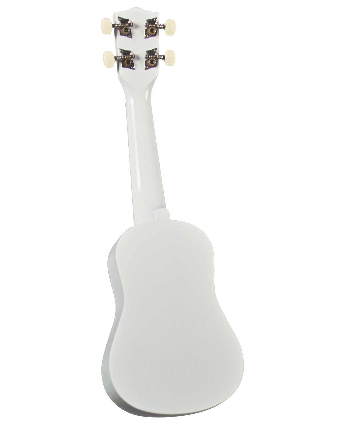 The image shows the back of a white or off-white ukulele with four tuning pegs—two on each side—featuring cream-colored buttons and decorative metal tuning machines. The small, figure-8 shaped body has a smooth, clean finish. The ukulele is photographed against a white background, likely for catalog use, highlighting its classic design and well-maintained condition.