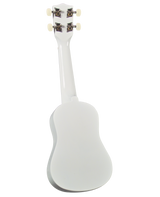 The image shows the back of a white or off-white ukulele with four tuning pegs—two on each side—featuring cream-colored buttons and decorative metal tuning machines. The small, figure-8 shaped body has a smooth, clean finish. The ukulele is photographed against a white background, likely for catalog use, highlighting its classic design and well-maintained condition.