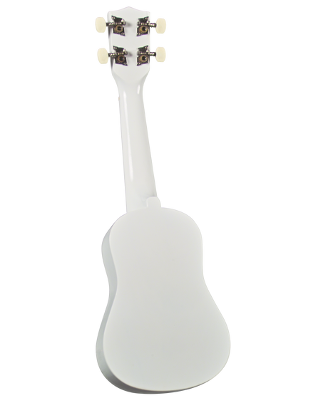 The image shows the back of a white or off-white ukulele with four tuning pegs—two on each side—featuring cream-colored buttons and decorative metal tuning machines. The small, figure-8 shaped body has a smooth, clean finish. The ukulele is photographed against a white background, likely for catalog use, highlighting its classic design and well-maintained condition.