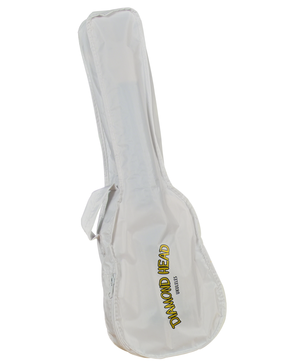The image shows a light gray or white soft gig bag for a ukulele with "DIAMOND HEAD UKULELES" in yellow/gold on the front. The case features a zipper, carrying handles, and shoulder straps for easy transport. Designed to protect ukuleles, this lightweight and affordable soft case offers basic protection, common among musicians for convenient and safe instrument carrying.