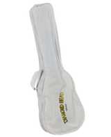 The image shows a light gray or white soft gig bag for a ukulele with "DIAMOND HEAD UKULELES" in yellow/gold on the front. The case features a zipper, carrying handles, and shoulder straps for easy transport. Designed to protect ukuleles, this lightweight and affordable soft case offers basic protection, common among musicians for convenient and safe instrument carrying.