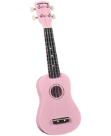 The image shows a bright pink soprano ukulele by Diamond Head with a traditional round sound hole and decorative rosette. It features four nylon strings, a dark wood fretboard with white fret markers, white tuning pegs, and a dark wood bridge. This beginner-friendly, small-sized ukulele is vibrant and appealing, especially for younger players or those who prefer colorful instruments.