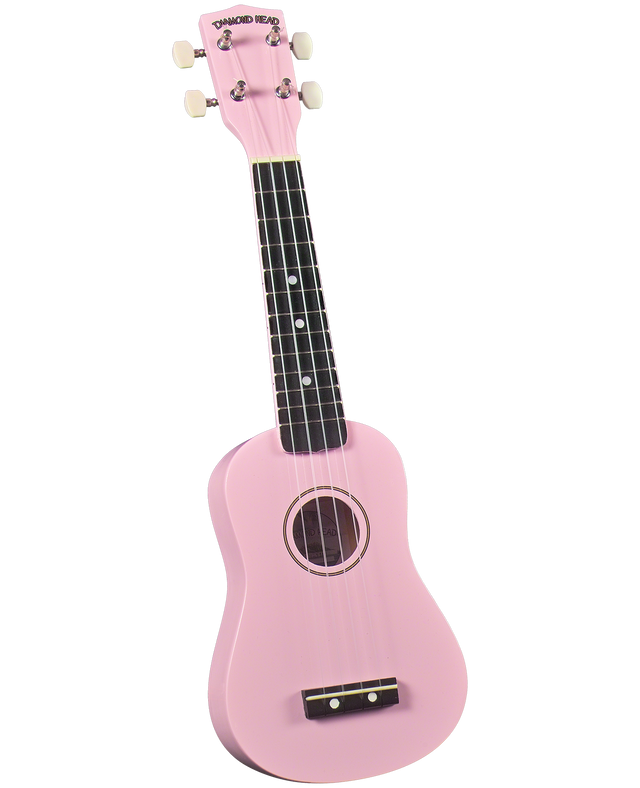 The image shows a bright pink soprano ukulele by Diamond Head with a traditional round sound hole and decorative rosette. It features four nylon strings, a dark wood fretboard with white fret markers, white tuning pegs, and a dark wood bridge. This beginner-friendly, small-sized ukulele is vibrant and appealing, especially for younger players or those who prefer colorful instruments.