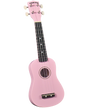 The image shows a bright pink soprano ukulele by Diamond Head with a traditional round sound hole and decorative rosette. It features four nylon strings, a dark wood fretboard with white fret markers, white tuning pegs, and a dark wood bridge. This beginner-friendly, small-sized ukulele is vibrant and appealing, especially for younger players or those who prefer colorful instruments.