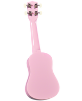 The image shows a vibrant pink soprano or concert ukulele with a glossy finish. It features four tuning pegs with white/cream buttons, decorative inlays near the headstock, and the classic small figure-8 body shape typical of ukuleles. This colorful instrument is part of the guitar family, known for its bright, cheerful sound and popular in Hawaiian and contemporary music.
