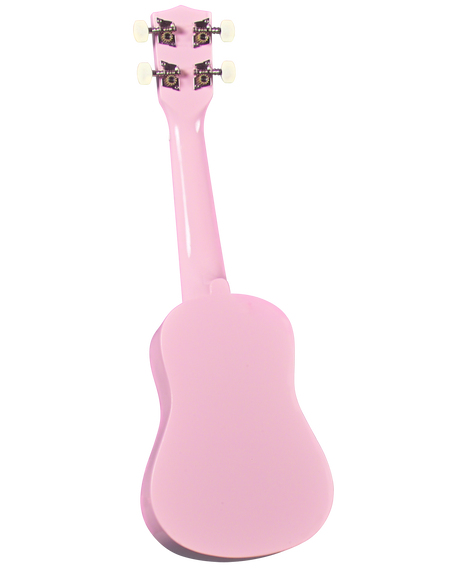 The image shows a vibrant pink soprano or concert ukulele with a glossy finish. It features four tuning pegs with white/cream buttons, decorative inlays near the headstock, and the classic small figure-8 body shape typical of ukuleles. This colorful instrument is part of the guitar family, known for its bright, cheerful sound and popular in Hawaiian and contemporary music.