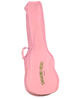 The image shows a bright pink soft gig bag for a ukulele. It features the brand name "DIAMOND HEAD" with "UKULELES" underneath, indicating it is made by a ukulele manufacturer. The lightweight fabric case has a small, rounded shape with a carrying handle, designed to protect and transport a ukulele safely. The vibrant color makes it a stylish accessory for musicians.