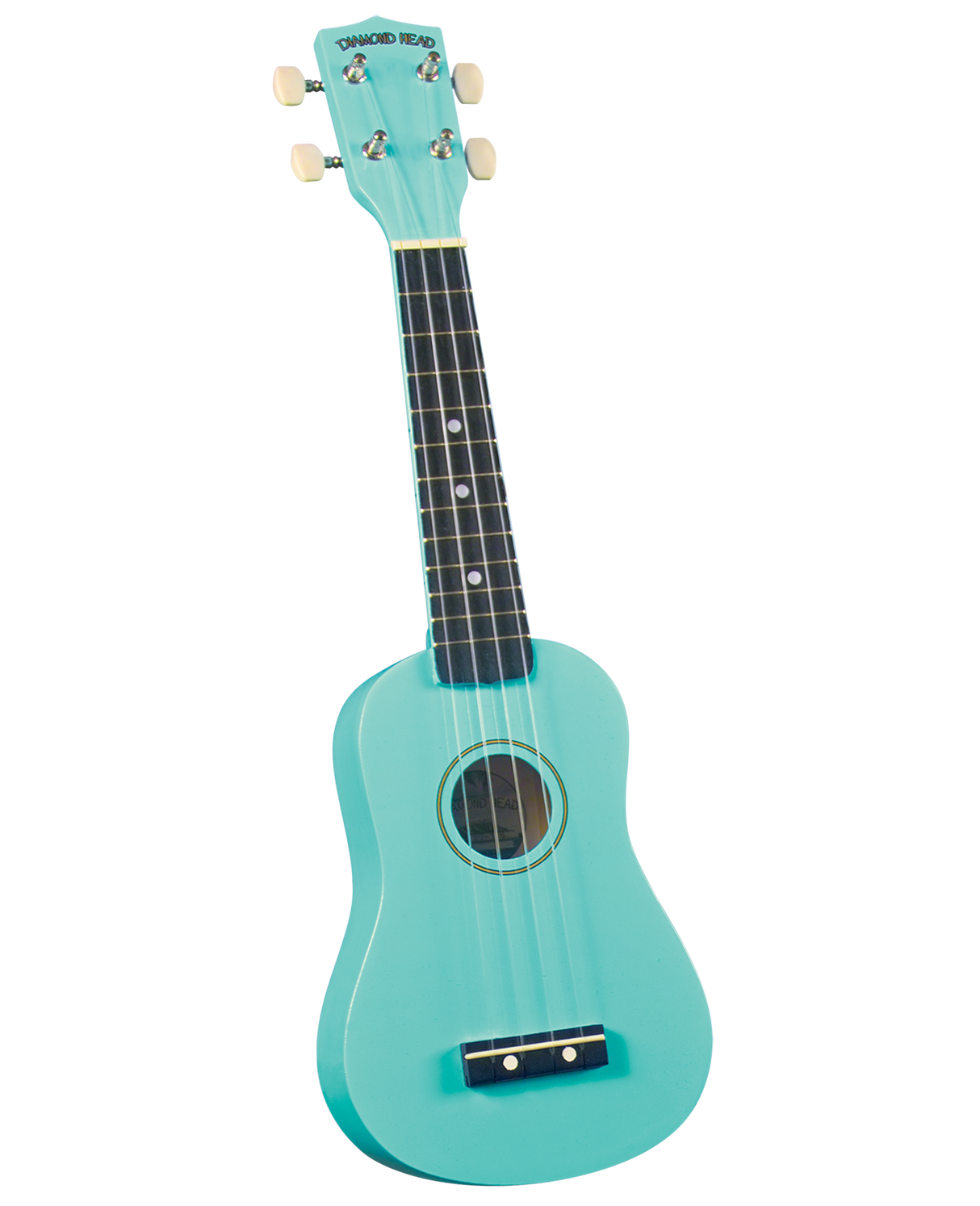 The image shows a turquoise soprano or concert ukulele with a traditional body shape and central sound hole. The headstock features the "DIAMOND HEAD" brand and four cream tuning pegs. It has a dark fretboard with position dots, a simple bridge, and four nylon strings. This small, vintage-style ukulele is popular for Hawaiian, folk, and contemporary music.