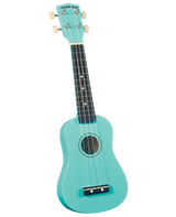The image shows a turquoise soprano or concert ukulele with a traditional body shape and central sound hole. The headstock features the "DIAMOND HEAD" brand and four cream tuning pegs. It has a dark fretboard with position dots, a simple bridge, and four nylon strings. This small, vintage-style ukulele is popular for Hawaiian, folk, and contemporary music.