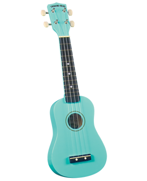 The image shows a turquoise soprano or concert ukulele with a traditional body shape and central sound hole. The headstock features the "DIAMOND HEAD" brand and four cream tuning pegs. It has a dark fretboard with position dots, a simple bridge, and four nylon strings. This small, vintage-style ukulele is popular for Hawaiian, folk, and contemporary music.