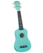 The image shows a turquoise soprano or concert ukulele with a traditional body shape and central sound hole. The headstock features the "DIAMOND HEAD" brand and four cream tuning pegs. It has a dark fretboard with position dots, a simple bridge, and four nylon strings. This small, vintage-style ukulele is popular for Hawaiian, folk, and contemporary music.