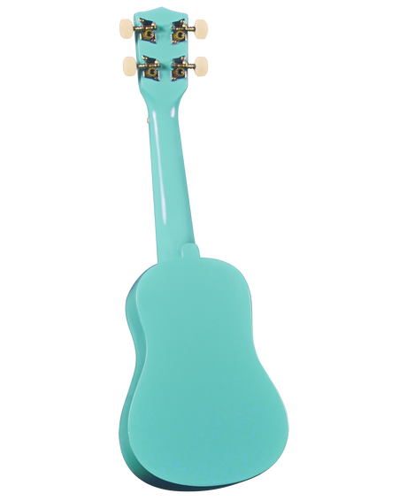 The image shows the back of a small, four-stringed ukulele with a glossy turquoise or mint green finish. It has a classic figure-8 shape and a narrow waist. The headstock features four tuning pegs with white cream buttons arranged 2x2. Likely a soprano or concert size, this modern ukulele's vibrant color and smooth finish suggest it’s a fun, entry-level instrument ideal for beginners.