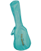 The image shows a turquoise soft guitar case with the typical shape of a guitar, featuring a wider body and narrower neck section. Made of lightweight fabric, it has yellow "DIAMOND HEAD" branding and "UKULELES" text, indicating a ukulele-related brand. The case includes a side handle and padded protection, designed for portability and basic instrument safety. Its bright color makes it easy to spot during travel or performances.
