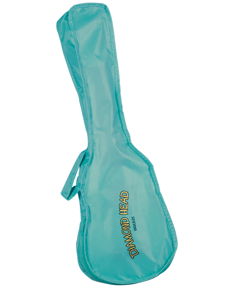 The image shows a turquoise soft guitar case with the typical shape of a guitar, featuring a wider body and narrower neck section. Made of lightweight fabric, it has yellow "DIAMOND HEAD" branding and "UKULELES" text, indicating a ukulele-related brand. The case includes a side handle and padded protection, designed for portability and basic instrument safety. Its bright color makes it easy to spot during travel or performances.