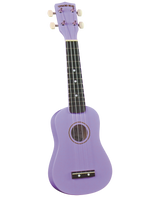 The image shows a soprano ukulele from the Diamond Head brand in a lavender color. It features four strings, four tuning pegs with cream buttons, a dark fretboard with position markers, a circular sound hole with rosette rings, and a classic figure-8 body shape. Likely an entry-level model made from laminated or composite materials, its vibrant color makes it distinctive among traditional wood finishes.