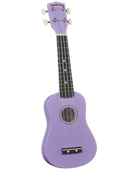 The image shows a soprano ukulele from the Diamond Head brand in a lavender color. It features four strings, four tuning pegs with cream buttons, a dark fretboard with position markers, a circular sound hole with rosette rings, and a classic figure-8 body shape. Likely an entry-level model made from laminated or composite materials, its vibrant color makes it distinctive among traditional wood finishes.