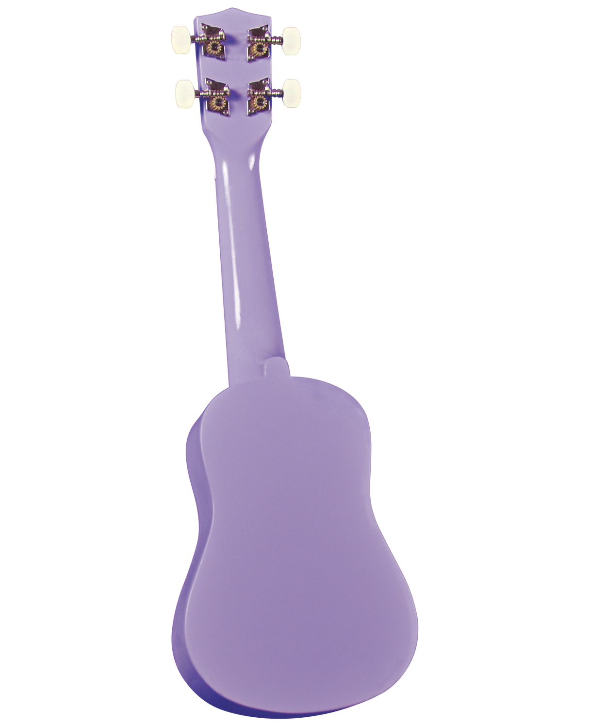 The image shows the back of a small ukulele with a glossy purple/lavender finish and the classic figure-8 body shape. Four tuning pegs with white buttons and decorative metal plates are visible on the headstock. This portable four-stringed instrument, known for its bright, cheerful sound, is popular in Hawaiian music and beyond, valued for its higher pitch and ease of play compared to a guitar.
