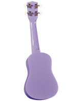 The image shows the back of a small ukulele with a glossy purple/lavender finish and the classic figure-8 body shape. Four tuning pegs with white buttons and decorative metal plates are visible on the headstock. This portable four-stringed instrument, known for its bright, cheerful sound, is popular in Hawaiian music and beyond, valued for its higher pitch and ease of play compared to a guitar.
