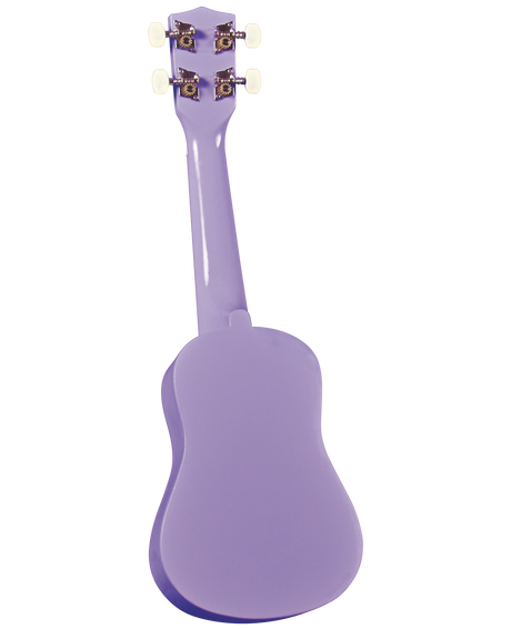 The image shows the back of a small ukulele with a glossy purple/lavender finish and the classic figure-8 body shape. Four tuning pegs with white buttons and decorative metal plates are visible on the headstock. This portable four-stringed instrument, known for its bright, cheerful sound, is popular in Hawaiian music and beyond, valued for its higher pitch and ease of play compared to a guitar.
