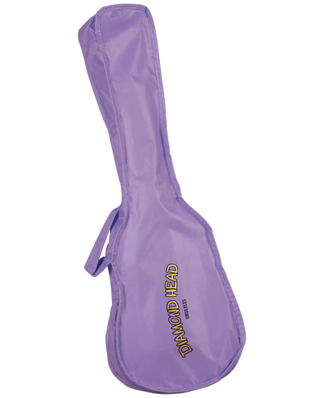 The image shows a vibrant purple gig bag made of lightweight fabric, shaped to fit a ukulele. It features the text "DIAMOND HEAD" with "UKULELES" below, indicating the brand. The case includes a carrying handle and zipper closure, designed to protect the instrument from dust, minor impacts, and scratches while remaining portable for musicians.