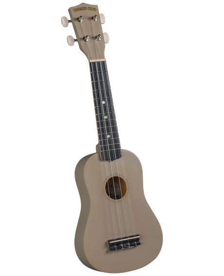 The image shows a soprano ukulele with a light brown body and neck. The headstock is labeled "DIAMOND HEAD" in gold. It has four tuning pegs (two per side), a dark fretboard with white dot markers, four strings, and a circular sound hole. The body has a traditional shape and a plastic or composite bridge. This entry-level ukulele is likely made from laminated wood or similar materials.