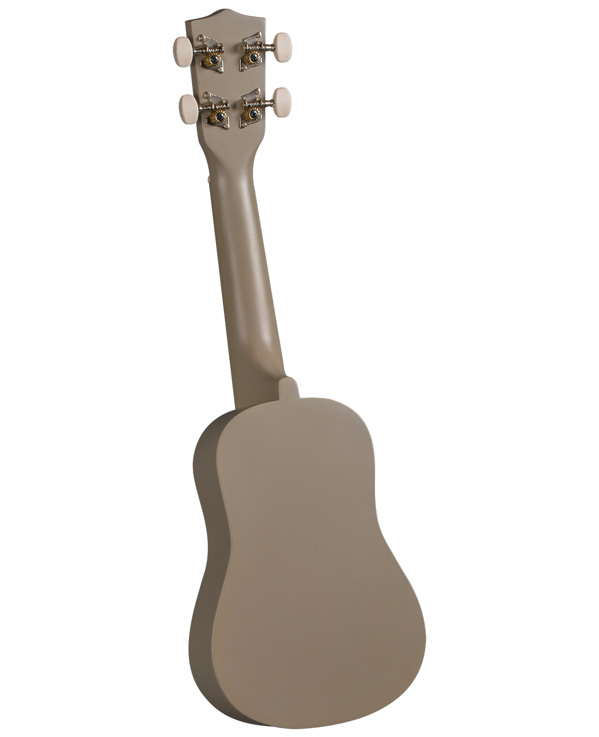The image shows the back of a beige or tan ukulele, a small four-stringed instrument. It features four tuning pegs with white buttons and chrome tuning machines with decorative elements. The ukulele has a smooth, solid-colored body and neck with the compact shape typical of concert or tenor sizes, distinct from a guitar.