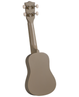 The image shows the back of a beige or tan ukulele, a small four-stringed instrument. It features four tuning pegs with white buttons and chrome tuning machines with decorative elements. The ukulele has a smooth, solid-colored body and neck with the compact shape typical of concert or tenor sizes, distinct from a guitar.
