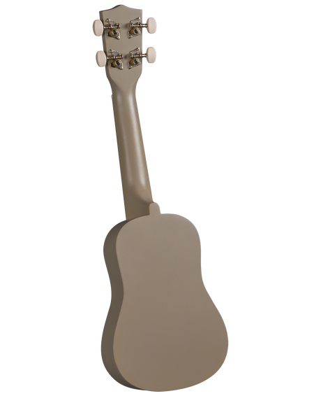 The image shows the back of a beige or tan ukulele, a small four-stringed instrument. It features four tuning pegs with white buttons and chrome tuning machines with decorative elements. The ukulele has a smooth, solid-colored body and neck with the compact shape typical of concert or tenor sizes, distinct from a guitar.