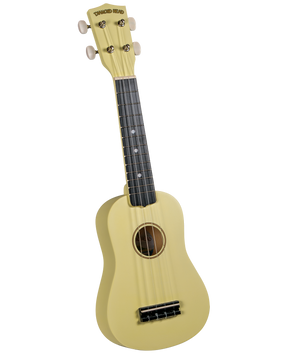 The image shows a soprano or concert-sized ukulele with a light yellow and a classic guitar-like body. It features a circular sound hole, a dark fretboard with dot markers, and a bridge anchoring four strings. The headstock displays the "DIAMOND HEAD" brand and has four tuning pegs (two on each side). The ukulele is photographed against a white background, highlighting its bright, cheerful Hawaiian design.