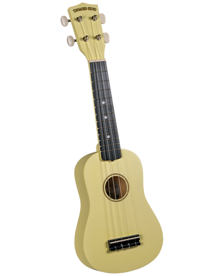 The image shows a soprano or concert-sized ukulele with a light natural wood finish and a classic guitar-like body. It features a circular sound hole, a dark fretboard with dot markers, and a bridge anchoring four strings. The headstock displays the "DIAMOND HEAD" brand and has four tuning pegs (two on each side). The ukulele is photographed against a white background, highlighting its bright, cheerful Hawaiian design.