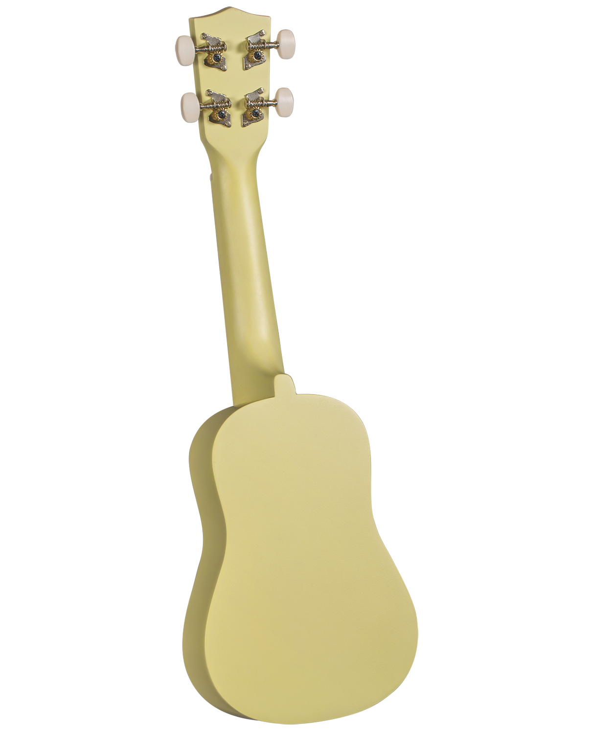 The image shows the back view of a small ukulele with a light yellow or cream finish on its body and neck. Visible features include a headstock with four chrome tuning pegs in a 2x2 layout, a smooth neck, and a classic figure-8 shaped body. The geared tuners suggest precise tuning. The ukulele appears to be soprano or concert size and is photographed against a white background.