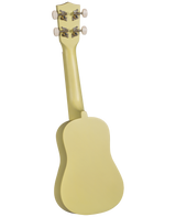 The image shows the back view of a small ukulele with a light yellow or cream finish on its body and neck. Visible features include a headstock with four chrome tuning pegs in a 2x2 layout, a smooth neck, and a classic figure-8 shaped body. The geared tuners suggest precise tuning. The ukulele appears to be soprano or concert size and is photographed against a white background.