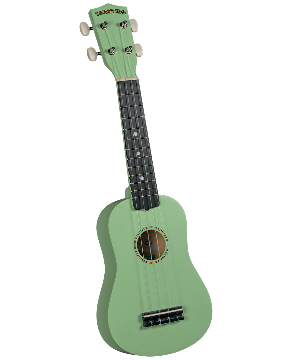The image shows a soprano or concert-sized ukulele with a mint green body and headstock, a dark fretboard with white position markers, and four strings. The headstock features four white tuning pegs and the "Diamond Head" brand name. The ukulele has a traditional body shape with a central sound hole and a bridge anchoring the strings, giving it a vibrant, tropical look typical of this Hawaiian instrument.