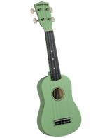 The image shows a soprano or concert-sized ukulele with a mint green body and headstock, a dark fretboard with white position markers, and four strings. The headstock features four white tuning pegs and the "Diamond Head" brand name. The ukulele has a traditional body shape with a central sound hole and a bridge anchoring the strings, giving it a vibrant, tropical look typical of this Hawaiian instrument.