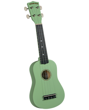 The image shows a soprano or concert-sized ukulele with a mint green body and headstock, a dark fretboard with white position markers, and four strings. The headstock features four white tuning pegs and the "Diamond Head" brand name. The ukulele has a traditional body shape with a central sound hole and a bridge anchoring the strings, giving it a vibrant, tropical look typical of this Hawaiian instrument.