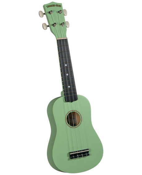 The image shows a soprano or concert-sized ukulele with a mint green body and headstock, a dark fretboard with white position markers, and four strings. The headstock features four white tuning pegs and the "Diamond Head" brand name. The ukulele has a traditional body shape with a central sound hole and a bridge anchoring the strings, giving it a vibrant, tropical look typical of this Hawaiian instrument.