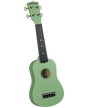 The image shows a soprano or concert-sized ukulele with a mint green body and headstock, a dark fretboard with white position markers, and four strings. The headstock features four white tuning pegs and the "Diamond Head" brand name. The ukulele has a traditional body shape with a central sound hole and a bridge anchoring the strings, giving it a vibrant, tropical look typical of this Hawaiian instrument.