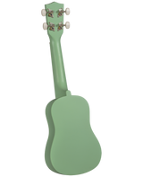The image shows a mint or sage green ukulele viewed from the back against a white background. It features a small, guitar-like body typical of soprano or concert sizes, with four tuning pegs that have white or cream buttons and chrome hardware. The short neck and colorful finish give it a modern look, contrasting traditional wood tones.