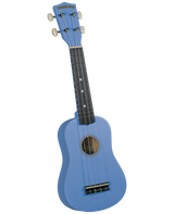 The image shows a blue Diamond Head ukulele with a classic body shape, bright blue finish on the body and headstock, four white tuning pegs, a dark fretboard with position markers, four strings, a circular sound hole, and a bridge. It appears to be a soprano or concert size, a popular, affordable string instrument ideal for beginners.