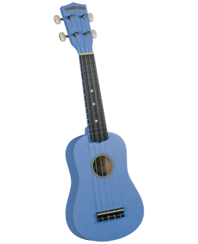 The image shows a blue Diamond Head ukulele with a classic body shape, bright blue finish on the body and headstock, four white tuning pegs, a dark fretboard with position markers, four strings, a circular sound hole, and a bridge. It appears to be a soprano or concert size, a popular, affordable string instrument ideal for beginners.