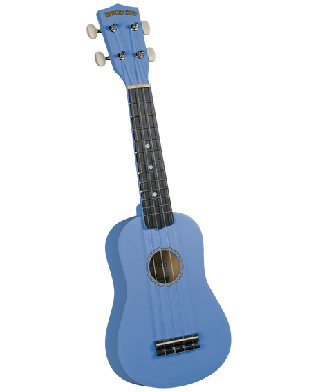 The image shows a blue Diamond Head ukulele with a classic body shape, bright blue finish on the body and headstock, four white tuning pegs, a dark fretboard with position markers, four strings, a circular sound hole, and a bridge. It appears to be a soprano or concert size, a popular, affordable string instrument ideal for beginners.