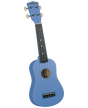 The image shows a blue Diamond Head ukulele with a classic body shape, bright blue finish on the body and headstock, four white tuning pegs, a dark fretboard with position markers, four strings, a circular sound hole, and a bridge. It appears to be a soprano or concert size, a popular, affordable string instrument ideal for beginners.