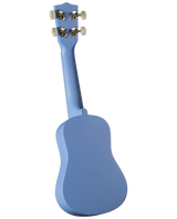 The image shows the back of a small, four-stringed ukulele with a light blue or periwinkle finish. It features a rounded figure-8 body, a short neck, and a headstock with four gold-colored tuning machines and cream-colored tuning buttons. The ukulele appears to be concert or soprano-sized based on its proportions.