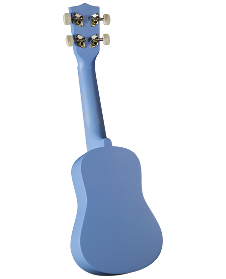 The image shows the back of a small, four-stringed ukulele with a light blue or periwinkle finish. It features a rounded figure-8 body, a short neck, and a headstock with four gold-colored tuning machines and cream-colored tuning buttons. The ukulele appears to be concert or soprano-sized based on its proportions.