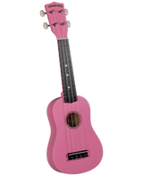 The image shows a bright pink soprano ukulele by Diamond Head, featuring a traditional figure-8 body with a sound hole, four strings, white tuning buttons, and a dark fretboard with white fret markers. The small, vibrant instrument is popular for its cheerful sound and is ideal for beginners and players who enjoy colorful, fun designs.
