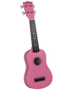 The image shows a bright pink soprano ukulele by Diamond Head, featuring a traditional figure-8 body with a sound hole, four strings, white tuning buttons, and a dark fretboard with white fret markers. The small, vibrant instrument is popular for its cheerful sound and is ideal for beginners and players who enjoy colorful, fun designs.