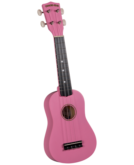 The image shows a bright pink soprano ukulele by Diamond Head, featuring a traditional figure-8 body with a sound hole, four strings, white tuning buttons, and a dark fretboard with white fret markers. The small, vibrant instrument is popular for its cheerful sound and is ideal for beginners and players who enjoy colorful, fun designs.